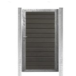 Type 1 varmgalvaniseret låge til komposit hegn med gråsort træstruktur komposit brædder, to varmgalvaniserede stolper og en låsekasse fra Locinox. Hængselsskinnen dækker siderne for at forhindre indkig