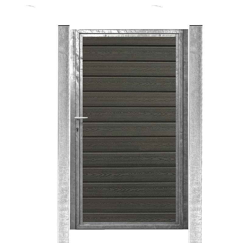 Type 1 varmgalvaniseret låge til komposit hegn med gråsort træstruktur komposit brædder, to varmgalvaniserede stolper og en låsekasse fra Locinox. Hængselsskinnen dækker siderne for at forhindre indkig