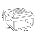 En stregtegning af en rektangulær beholder med et ventileret låg og markerede dimensioner: højde 45 mm, bredde 41 mm og længde 61 mm. Perfekt til små tilbehør eller Solcelledrevet LED-lampe til Hegnsstolper monteringsvejledninger.