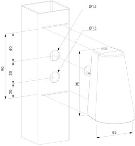 En teknisk tegning af Design LED Belysning til Hegn og Porte - Locinox TRICONE, en vægmonteret lysarmatur, med dimensioner. Armaturet indeholder rektangulære og cylindriske komponenter med detaljerede mål, herunder højder, bredder og diametre markeret i millimeter. Den fremhæver også to Ø15 huller designet til montering.