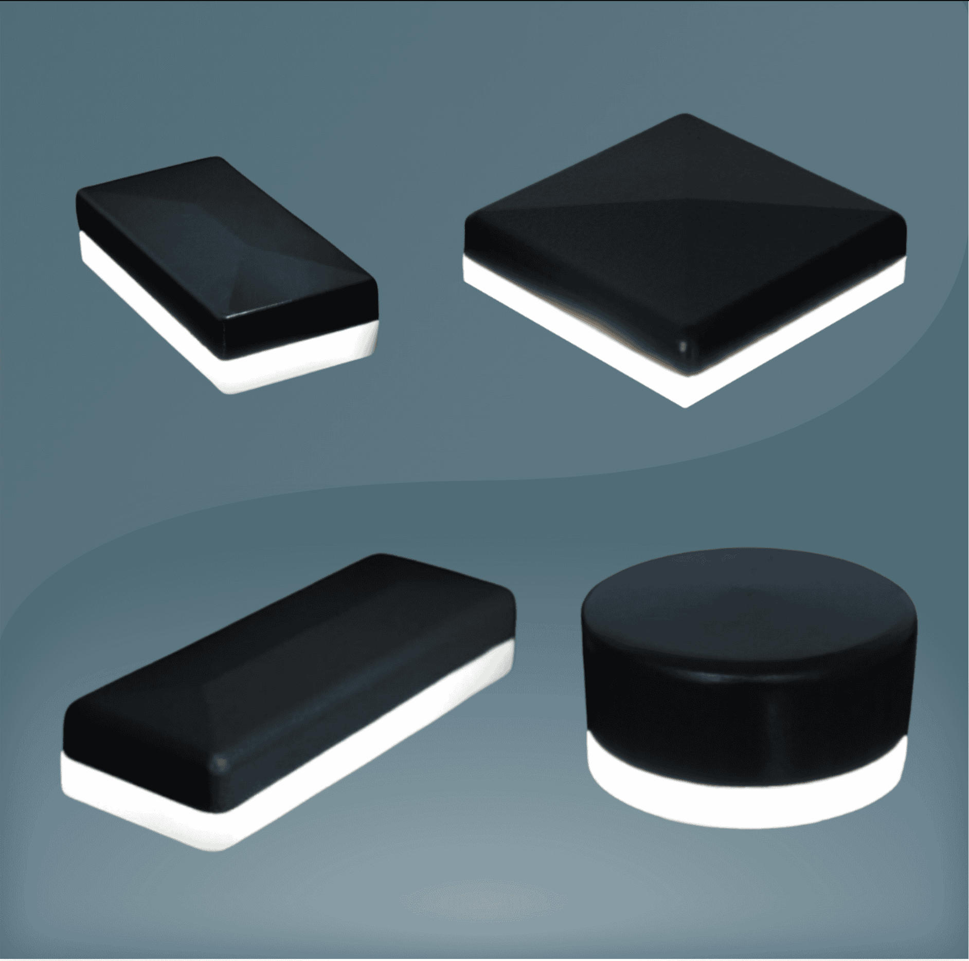 Fire slanke sorte LED-lys med hvid base, præsenteret i forskellige former, inklusive rektangulær, firkantet, aflang rektangel og cirkulær, er vist mod en gradient grå baggrund. De moderne og minimalistiske designs inkluderer ZQUARE LED-Lys stolpehat til hegnsbelysning med metalstolper, der viser deres elegante former.