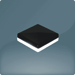 En slank firkantet sort knap med en blank overflade, fremhævet af en lys hvid stribe rundt om dens kanter, der minder om LED-Lys brillans, sat mod en glat gradient grå baggrund.