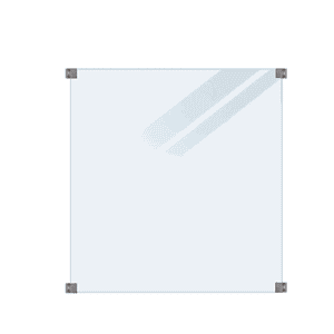 En matteret hærdet glasplade (90x91x6mm) leveres med fire sorte beslag i hvert hjørne. Skygger af to diagonale linjer er synlige på øverste højre side af brættet, sat mod en ren hvid baggrund.