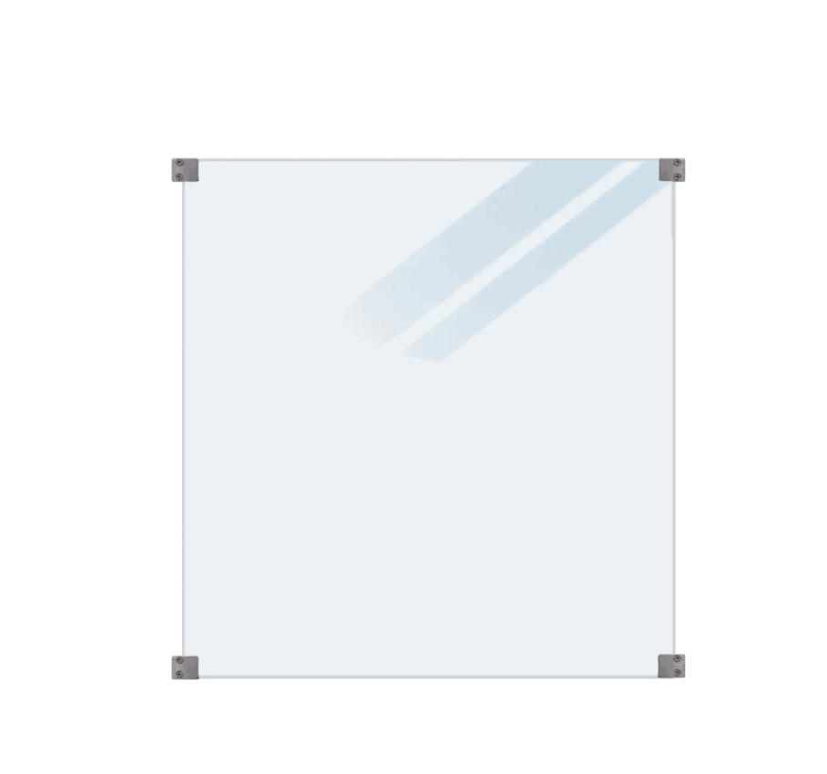 En matteret hærdet glasplade (90x91x6mm) leveres med fire sorte beslag i hvert hjørne. Skygger af to diagonale linjer er synlige på øverste højre side af brættet, sat mod en ren hvid baggrund.