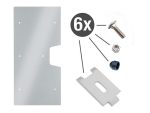 Billede viser komponenter af Lågeplade til Indgrebssikring metal "TREND" inkl. montagesæt, der viser en stor rektangulær metalplade med flere huller, et mindre metalbeslag til indgrebssikring og et sæt skruer, møtrikker og bolte. Tekst angiver "6x", der angiver seks stykker af en bestemt hardwarevare.