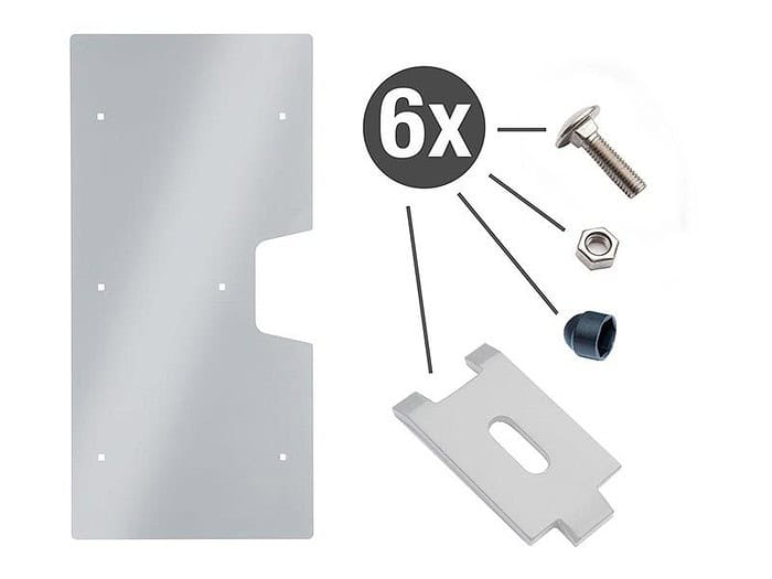 Billede viser komponenter af Lågeplade til Indgrebssikring metal "TREND" inkl. montagesæt, der viser en stor rektangulær metalplade med flere huller, et mindre metalbeslag til indgrebssikring og et sæt skruer, møtrikker og bolte. Tekst angiver "6x", der angiver seks stykker af en bestemt hardwarevare.