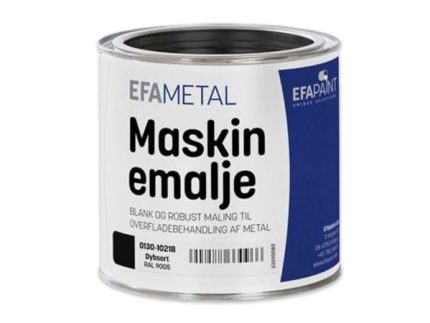 En dåse EFAPaint EFAMetal Maskin Emailje, en blank og holdbar maling perfekt til metaloverfladebehandlinger. Den hvide og blå etiket indeholder produktinformation på dansk. Fås nu i RAL 9005 til dine specifikke behov.