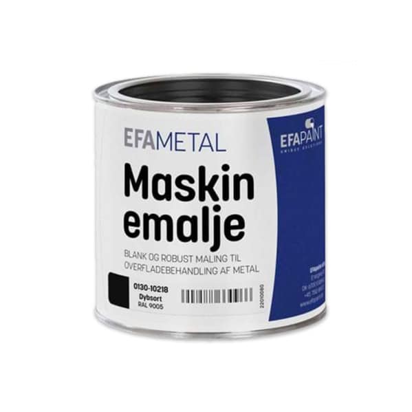 En dåse EFAPaint EFAMetal Maskin Emailje, en blank og holdbar maling perfekt til metaloverfladebehandlinger. Den hvide og blå etiket indeholder produktinformation på dansk. Fås nu i RAL 9005 til dine specifikke behov.
