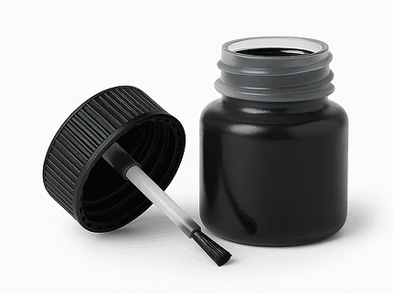 En åben sort neglelakflaske med en rillet hætte, der ligner Sort RAL 9005, og en børsteapplikator hviler ved siden af. Placeret på en ren, hvid baggrund understreger flasken og låget den blanke finish af dette slanke tilbehør.