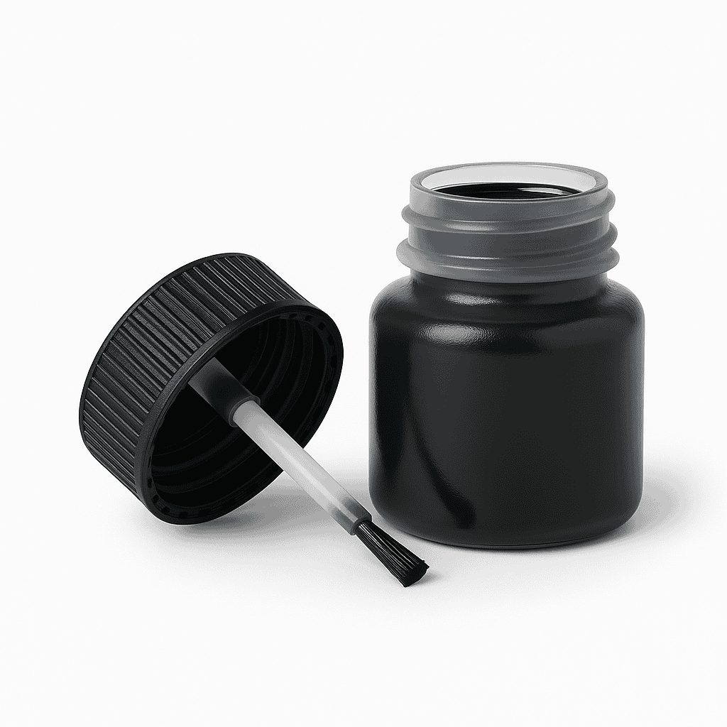 En åben sort neglelakflaske med en rillet hætte, der ligner Sort RAL 9005, og en børsteapplikator hviler ved siden af. Placeret på en ren, hvid baggrund understreger flasken og låget den blanke finish af dette slanke tilbehør.