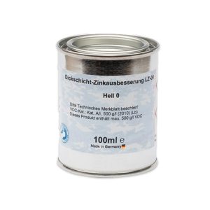 En 100 ml dåse mærket "Zinkreparation med Tyk Belægning til Galvaniserede Overflader – 100 ml Sølvlys" står på en hvid baggrund, ideel til zinkreparation og tyk belægning på galvaniserede overflader. Etiketten noterer også "Made in Germany" og nævner et 500g/L VOC-indhold. Den metalliske dåse har et tætsluttende låg.