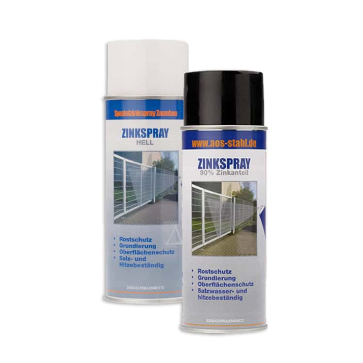 Der vises to spraydåser med zinkspray. Dåsen til venstre, med en blå og hvid etiket med et foto af en låge, er mærket "Zinkspray til Korrosionsbeskyttelse – Lys Variant (400 ml Sprayflaske)." Dåsen til højre, med en sort/hvid etiket, der viser endnu et portfoto, er mærket "Zinkspray til Korrosionsbeskyttelse – Mørk Variant (400 ml Sprayflaske)." Begge tilbyder fremragende korrosionsbeskyttelse.