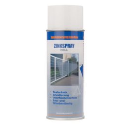 En dåse "ZINKSPRAY lys" zinkspray, mærket til brug i rustbeskyttelse, primer og overfladebeskyttelse. Den hvide sprayflaske med blå og orange accenter har et billede af en låge på den.