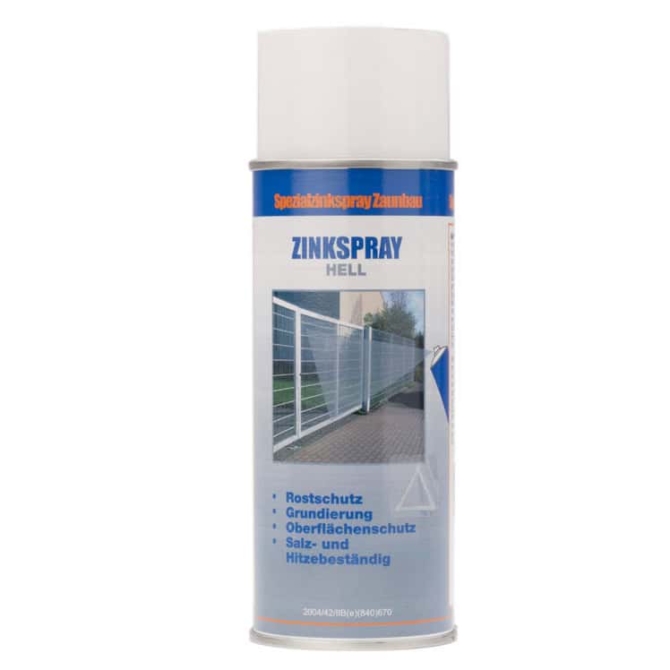 En dåse "ZINKSPRAY lys" zinkspray, mærket til brug i rustbeskyttelse, primer og overfladebeskyttelse. Den hvide sprayflaske med blå og orange accenter har et billede af en låge på den.