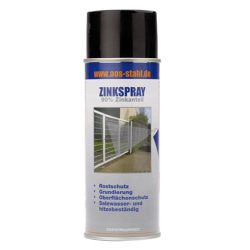 En sprayflaske mærket "Zinkspray" med 90% zinkindhold. Dåsen er overvejende grå med en blå og hvid etiket, med et billede af et metalhegn. Mærket angiver flere anvendelser: rustbeskyttelse, primer, korrosionsbeskyttelse og modstandsdygtighed over for saltvand og varme.