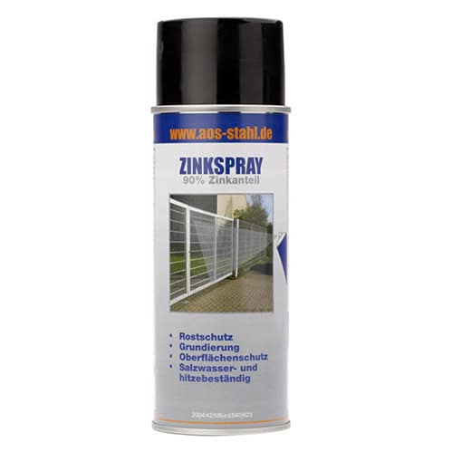 En sprayflaske mærket "Zinkspray" med 90% zinkindhold. Dåsen er overvejende grå med en blå og hvid etiket, med et billede af et metalhegn. Mærket angiver flere anvendelser: rustbeskyttelse, primer, korrosionsbeskyttelse og modstandsdygtighed over for saltvand og varme.