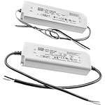 Sort/hvid billede af to Mean Well-strømforsyningsenheder (LPV-100-24 og LPV-150-24) brugt i ZQUARE LED Transformatorer til Forskellige Lysopstillinger. Hver enhed viser input- og outputspecifikationer, certificeringslogoer og har udvidede strømkabler til tilslutninger.