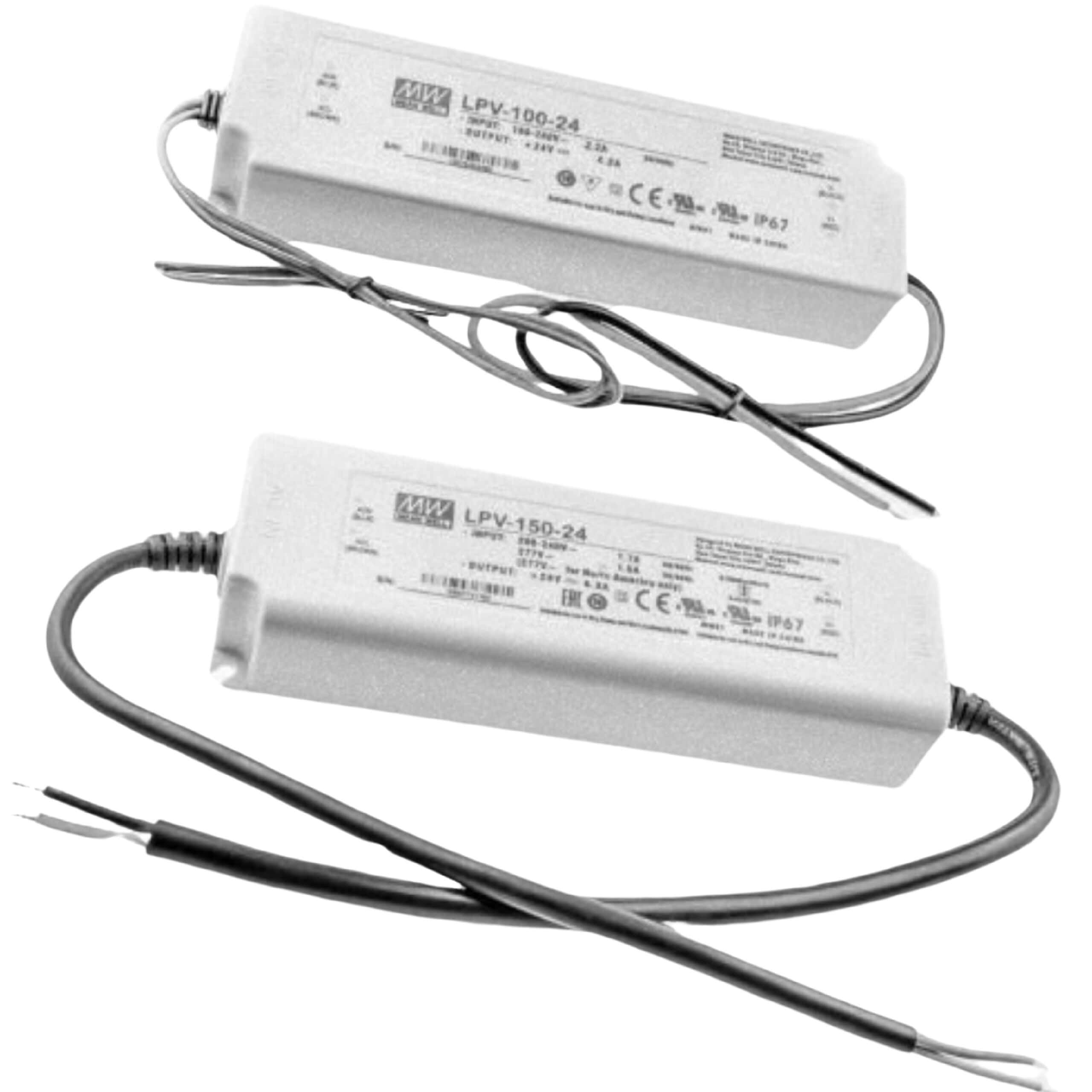Sort/hvid billede af to Mean Well-strømforsyningsenheder (LPV-100-24 og LPV-150-24) brugt i ZQUARE LED Transformatorer til Forskellige Lysopstillinger. Hver enhed viser input- og outputspecifikationer, certificeringslogoer og har udvidede strømkabler til tilslutninger.