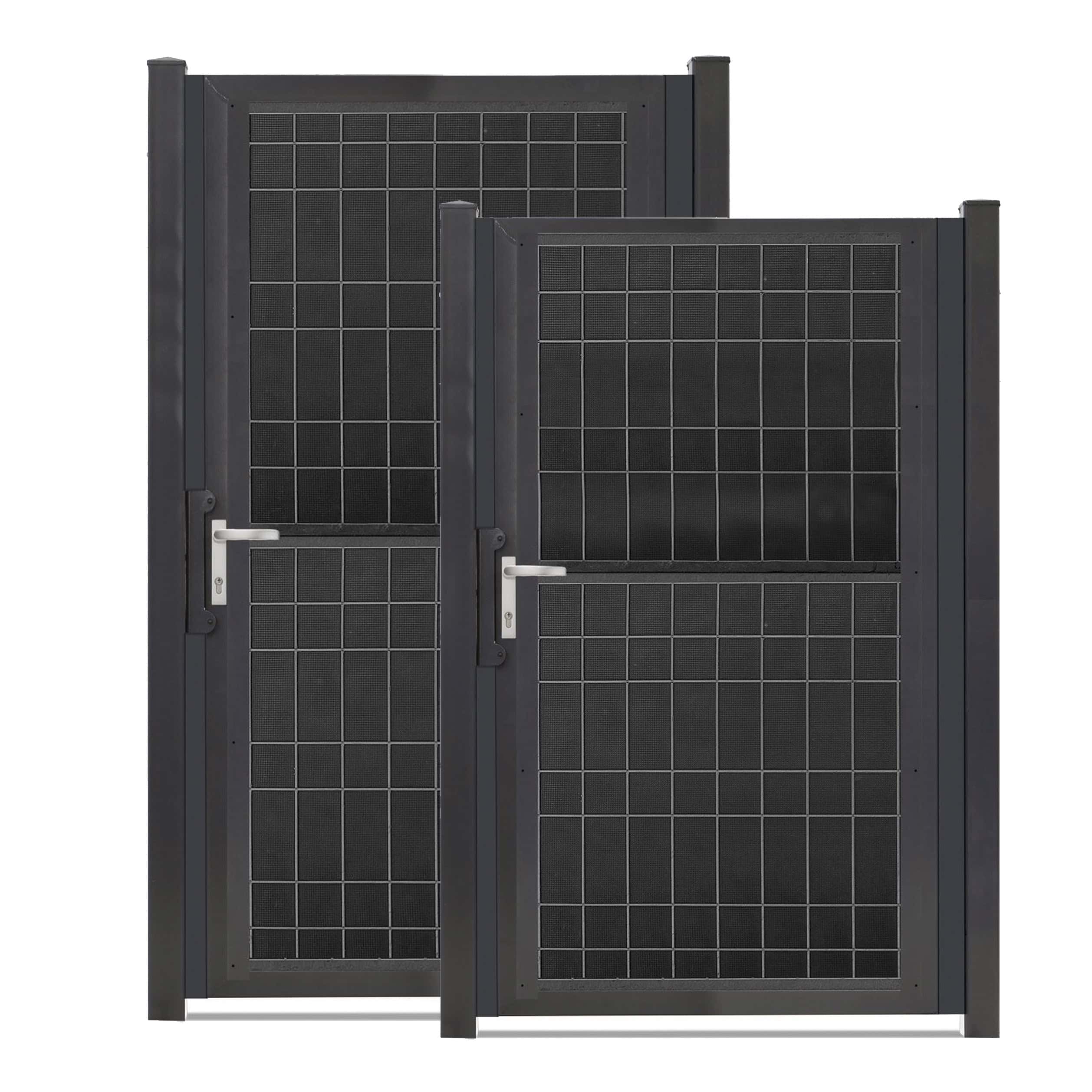 To Støjhegnslåge ECO 18dB porte i antracit farve med sølvhåndtag står side om side, den ene højere og bredere end den anden, hvilket indikerer forskellige størrelser. Det moderne design har et gittermønster, der passer til både bolig- og kommercielle entréer, hvilket giver æstetisk appel sammen med effektiv støjreduktion.