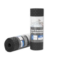 To ruller BASTLINE Sicht- und Windschutz materiale vises. Den ene rulle står oprejst, mens den anden ligger fladt. Pakken angiver mål: højde 19 cm og længde 2,56 m. Det vævede polyrattan-materiale er sort, ideelt til Afskærmningsløsninger i alle udendørs omgivelser.