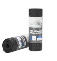 To ruller BASTLINE Sicht- und Windschutz materiale vises. Den ene rulle står oprejst, mens den anden ligger fladt. Pakken angiver mål: højde 19 cm og længde 2,56 m. Det vævede polyrattan-materiale er sort, ideelt til Afskærmningsløsninger i alle udendørs omgivelser.