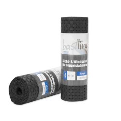 To ruller sort vævet privatliv og vindbeskyttelsesmateriale fra BASTLINE Afskærmning rulle 26m Polyrattan til Panelhegn vises. Den ene rulle står oprejst med etiketterne "Höhe: 19 cm" og "Länge: 2,56 m", mens den anden ligger fladt og viser sin polyrattan-emballage.