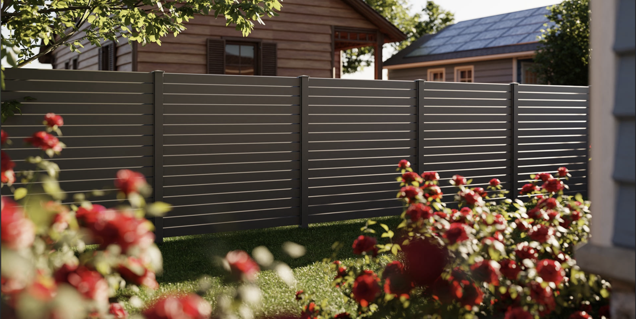 Et moderne, vandret lamelhegn sidder mellem to huse i en baghave fyldt med sollys. Røde blomster blomstrer i forgrunden og tilføjer farve til den grønne græsplæne. Det ene hus har solpaneler på taget.
