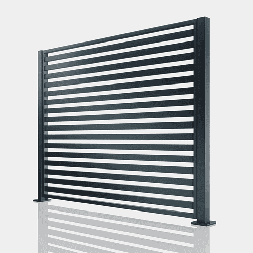 Stål Hegn - Jalousi/Palisade | Pulverlakeret er et elegant, sort metalhegnspanel med vandrette lameller og to stærke, lodrette stolper, der vises på en reflekterende, hvid overflade.