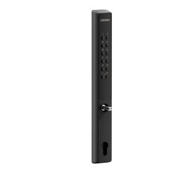En slank, lodret elektronisk lås med tastatur og nøglehul, batteridrevet kodelås tilbyder sikker adgangskontrol. Nummererede knapper pryder den øverste sektion, mens en nøgleslot findes nedenfor. Kompatibel med låger og porte, dens slanke sorte finish tilføjer et moderne touch til enhver dør.