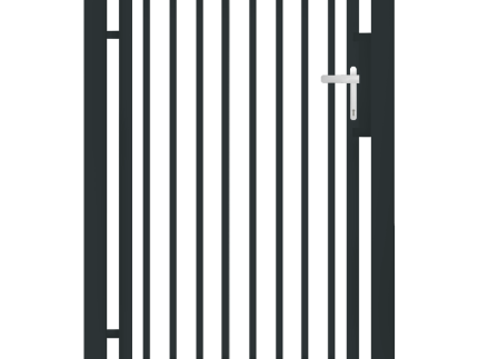 En sort metallåge med lodrette stænger, to sidestolper og et sølvfarvet håndtag og lås til højre i et enkelt, moderne look. Perfekt til dem, der søger "Låger i unikt design - Tilpassede løsninger efter mål.
