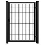 En sort metalport med en rektangulær ramme og lodrette stænger, der fremhæver dets unikke design. Denne tilpassede løsning har en enkel venstre-side-lås fastgjort til to lodrette stolper, hvilket eksemplificerer minimalistisk og funktionel stil til enhver indgang. Produkt: Låger i unikt design – Tilpassede løsninger efter mål.