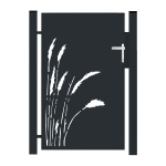 Den sorte metaldør, en del af "Låger i unikt design – Tilpassede løsninger efter mål", viser en hvid silhuet af højt græs på venstre side. Den har et sølvhåndtag og er indrammet af lodrette stolper, hvilket forstærker dens unikke tiltrækningskraft med skræddersyede løsninger.