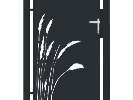 Den sorte metaldør, en del af "Låger i unikt design – Tilpassede løsninger efter mål", viser en hvid silhuet af højt græs på venstre side. Den har et sølvhåndtag og er indrammet af lodrette stolper, hvilket forstærker dens unikke tiltrækningskraft med skræddersyede løsninger.