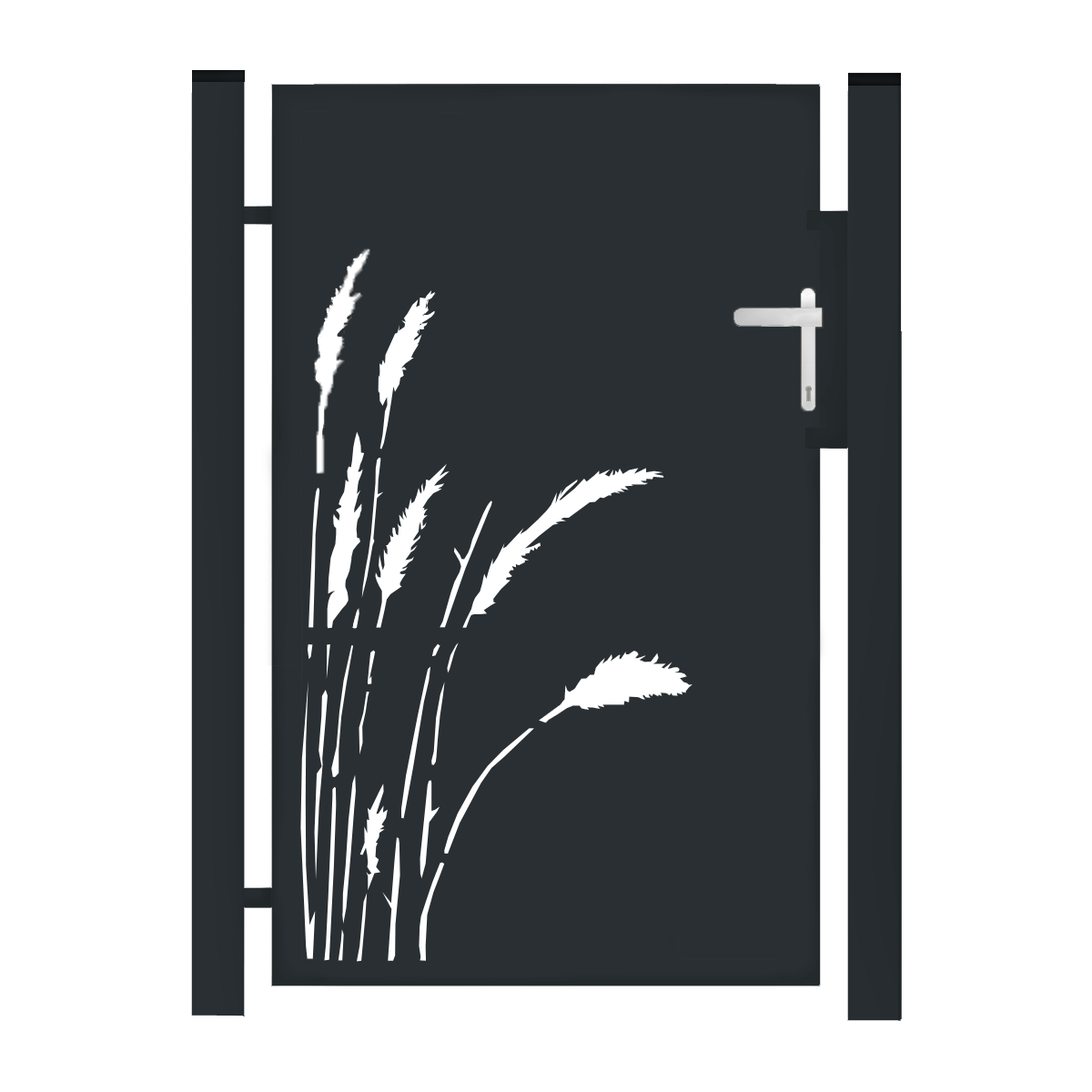 Den sorte metaldør, en del af "Låger i unikt design – Tilpassede løsninger efter mål", viser en hvid silhuet af højt græs på venstre side. Den har et sølvhåndtag og er indrammet af lodrette stolper, hvilket forstærker dens unikke tiltrækningskraft med skræddersyede løsninger.