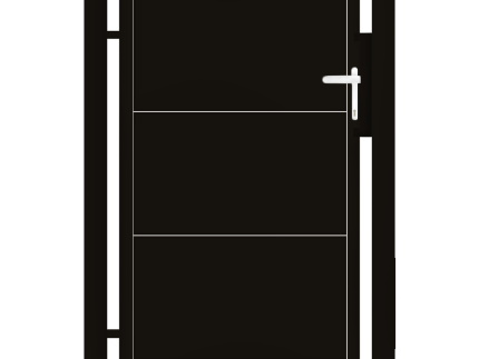 En illustration viser en sort metaldør med et moderne design, to vandrette paneler og et hvidt håndtag på højre side. Det er indrammet af sorte stolper, der viser den sofistikerede æstetik ved Låger i unikt design – Tilpassede løsninger efter mål.