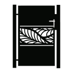 En sort dør fra "Låger i unikt design – Tilpassede løsninger efter mål" har et sølvhåndtag og et centralt panel med et indviklet bladagtigt design i kontrasterende farver.