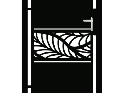 En sort dør fra "Låger i unikt design – Tilpassede løsninger efter mål" har et sølvhåndtag og et centralt panel med et indviklet bladagtigt design i kontrasterende farver.