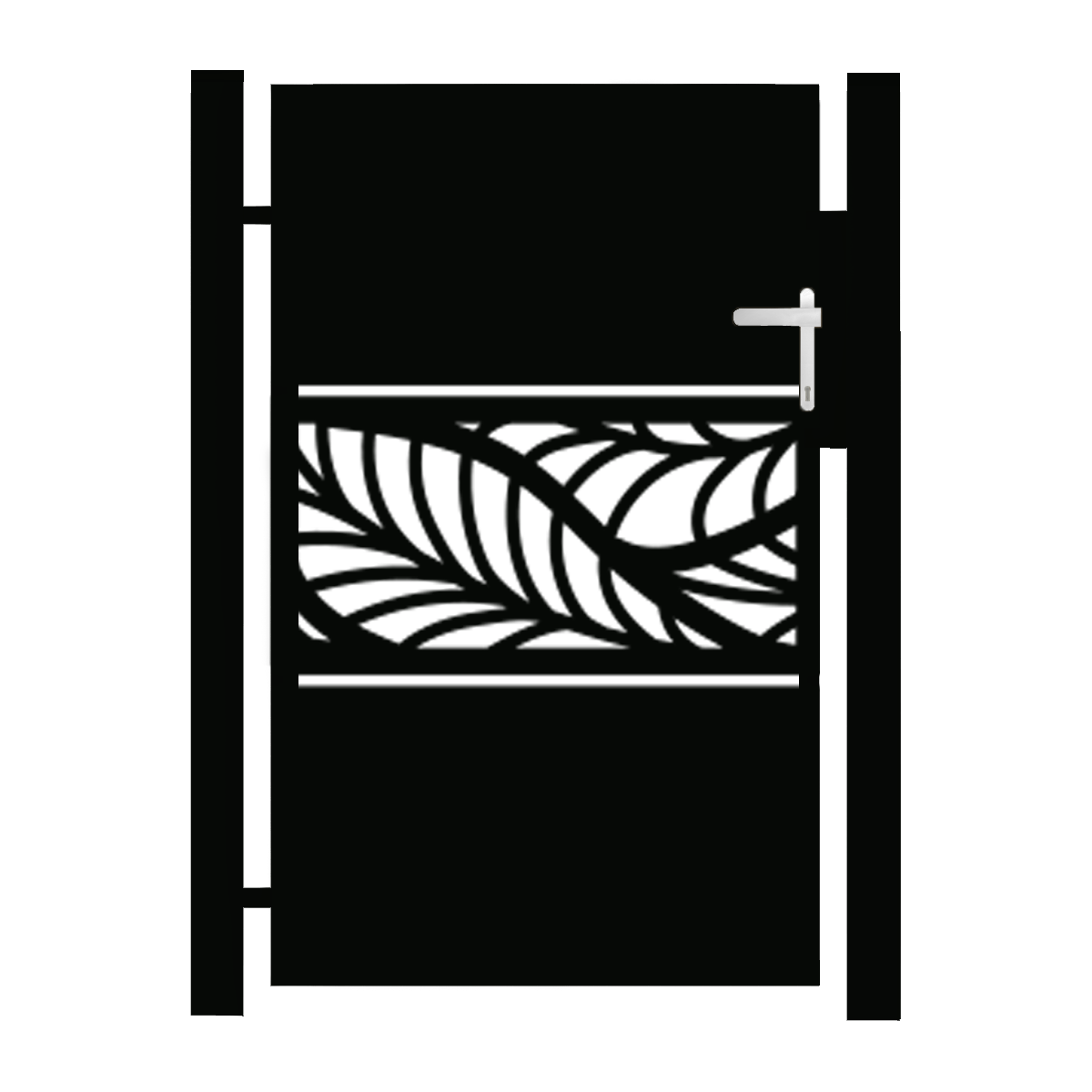 En sort dør fra "Låger i unikt design – Tilpassede løsninger efter mål" har et sølvhåndtag og et centralt panel med et indviklet bladagtigt design i kontrasterende farver.