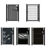 Oplev vores unikke tilpassede 'Låger i unikt design – Tilpassede løsninger efter mål'-kollektion. Den øverste række kan prale af en stribet port og et smart gittermønster, mens du nedenfor finder porte med græssilhuetter, bladmotiver og slanke firkantede paneler. Hver har et charmerende højrehåndtag.