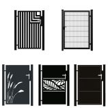 Oplev vores unikke tilpassede 'Låger i unikt design – Tilpassede løsninger efter mål'-kollektion. Den øverste række kan prale af en stribet port og et smart gittermønster, mens du nedenfor finder porte med græssilhuetter, bladmotiver og slanke firkantede paneler. Hver har et charmerende højrehåndtag.