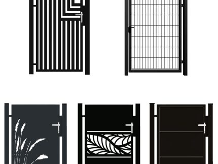 Oplev vores unikke tilpassede 'Låger i unikt design – Tilpassede løsninger efter mål'-kollektion. Den øverste række kan prale af en stribet port og et smart gittermønster, mens du nedenfor finder porte med græssilhuetter, bladmotiver og slanke firkantede paneler. Hver har et charmerende højrehåndtag.