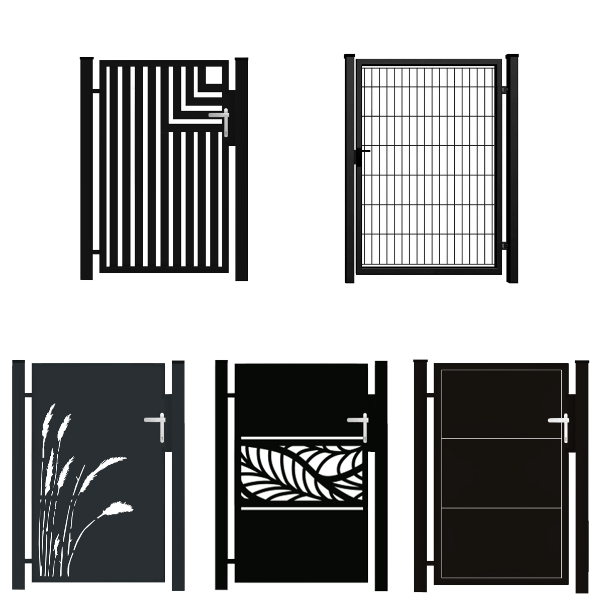 Oplev vores unikke tilpassede 'Låger i unikt design – Tilpassede løsninger efter mål'-kollektion. Den øverste række kan prale af en stribet port og et smart gittermønster, mens du nedenfor finder porte med græssilhuetter, bladmotiver og slanke firkantede paneler. Hver har et charmerende højrehåndtag.