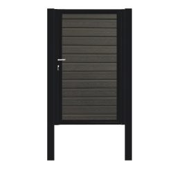 Låge Pulverlakeret SORT Type 1 har en slank sort metalramme og 25 mm kompositlameller, komplet med lodrette sidestolper, der strækker sig ud over porten for et stilfuldt look. Det inkluderer sølvhåndtag, lås, stolper og tilbehør til et enkelt, moderne design.
