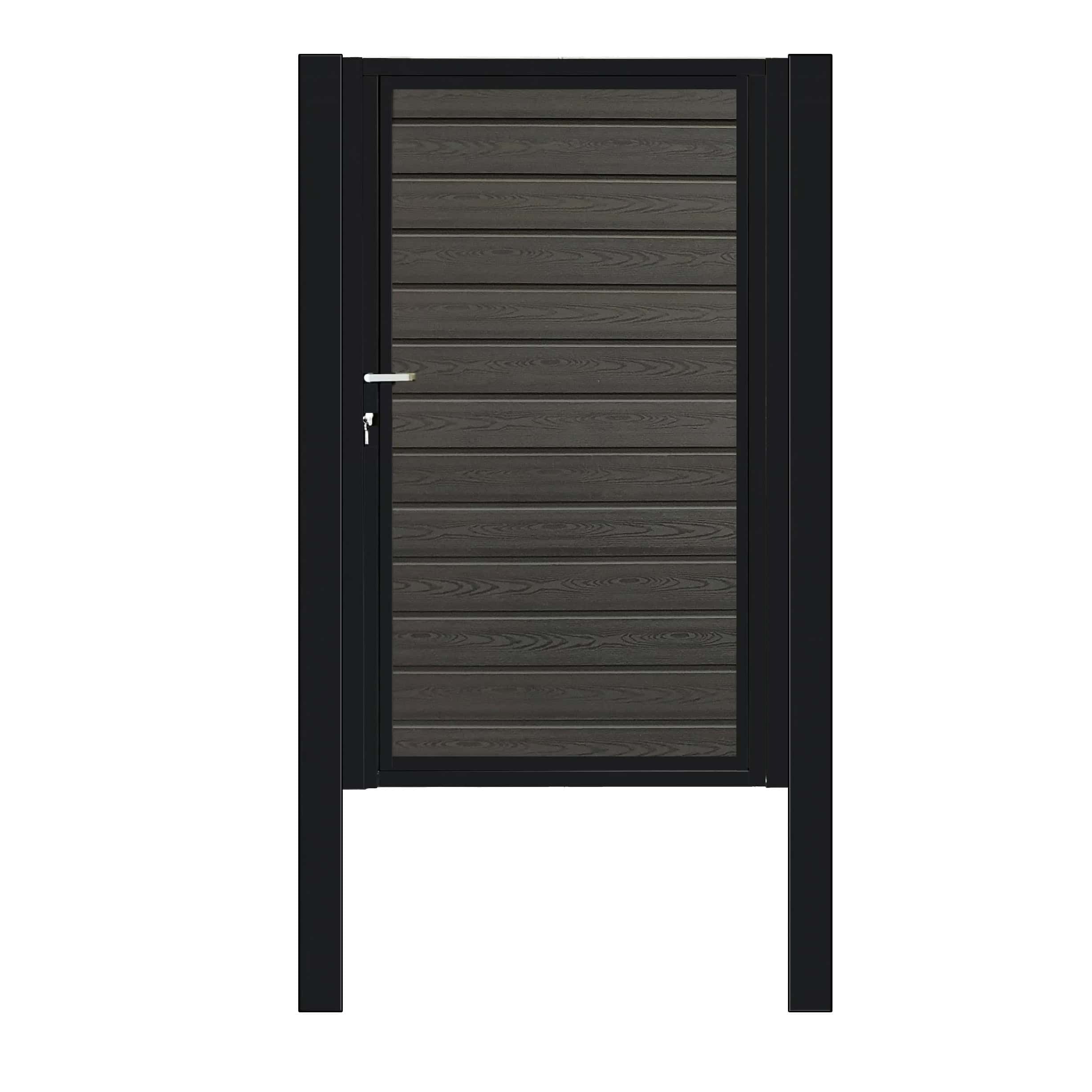 Låge Pulverlakeret SORT Type 1 har en slank sort metalramme og 25 mm kompositlameller, komplet med lodrette sidestolper, der strækker sig ud over porten for et stilfuldt look. Det inkluderer sølvhåndtag, lås, stolper og tilbehør til et enkelt, moderne design.