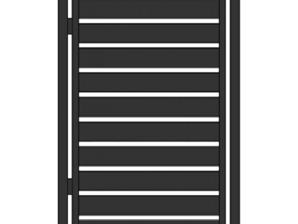 En elegant sort metalport med vandrette lameller og lodrette sidestolper, vist forfra mod en hvid baggrund - ideel til dem, der søger "Låger i unikt design - Tilpassede løsninger efter mål" for en skræddersyet løsning.