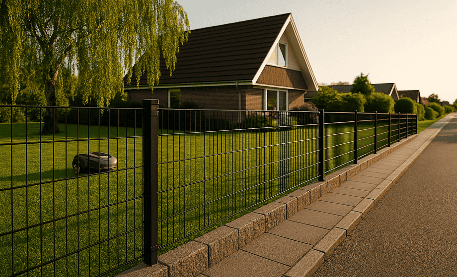 Et moderne forstadshus med et stejlt tag ligger i en frodig, grøn gård. En robotplæneklipper navigerer på den velplejede græsplæne, omgivet af en sort panel_hegn. Et asfalteret fortov løber langs vejen, omkranset af træer under en klar himmel.