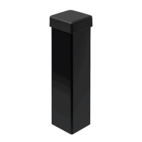 En sort, rektangulær stolpe eller pullert med en firkantet top, isoleret på en hvid baggrund. Overfladen fremstår glat og mat.