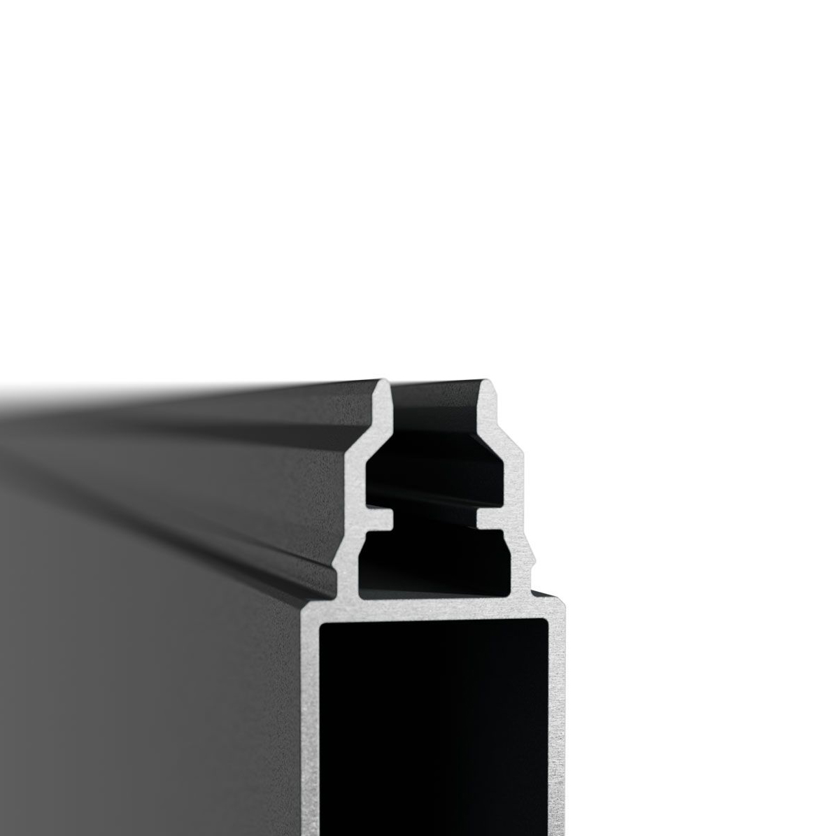 Nærbillede af en Vidual Snap 140 - Aluminiumshegn med klik-profiler i sort og sølv, der fremhæver den komplekse aluminiumsekstrudering med flere riller og hule sektioner, vist mod en hvid baggrund.