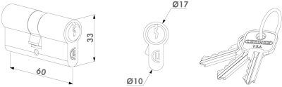 Teknisk tegning af Locinox cylinder inkl. 3 stk. nøgler: dimensioner 60 mm længde, 33 mm højde, set forfra med 10 mm og 17 mm diametre, inkluderer tre mærkede nøgler på en ring.