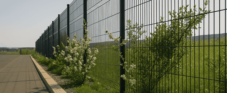 Et højt sort metalhegn løber langs en asfalteret sti, smukt suppleret af flere små buske og planter med hvide blomster. Denne elegante strækning af galvaniseret hegn og låger adskiller stien fra græsmarken under en klar blå himmel.